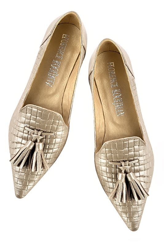 Tan beige women's loafers with pompons. Pointed toe. Flat flare heels - Florence KOOIJMAN